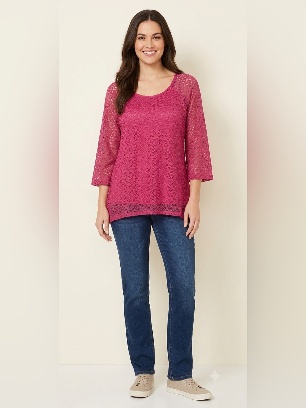 NWT New Directions Lace Tunic Top Women’s Large Sangria Bell Sleeve Asymmetrical